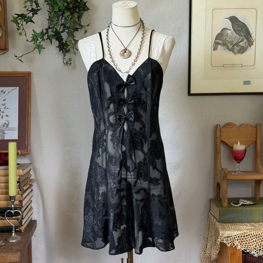 Black Bow Burnout Slip Dress Coquette Vintage M Bow Front Sheer Girly Grunge